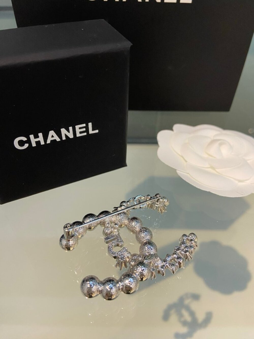 Chanel Silver-Tone Pearl Crystal CC Brooch Pin - Picture 3 of 7